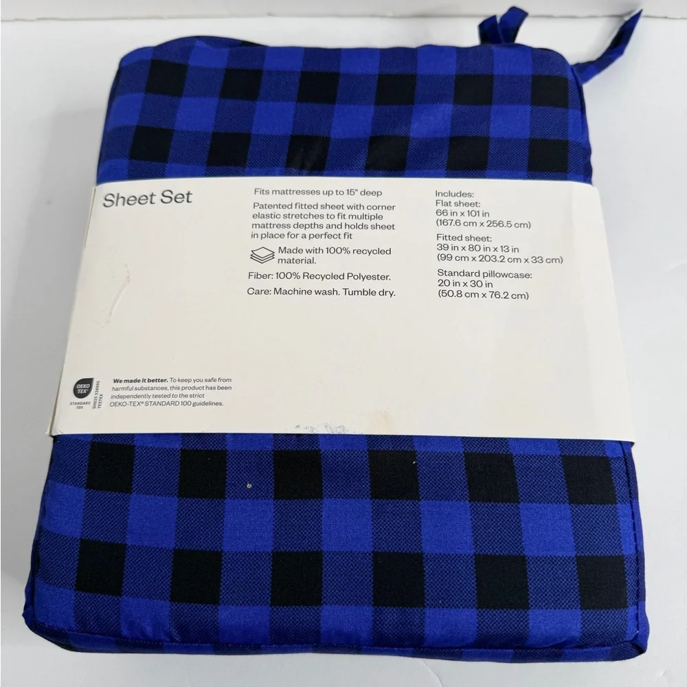 NWT Room Essentials Microfiber Sheet Set Twin XL Blue‎ Buffalo Plaid Bedding